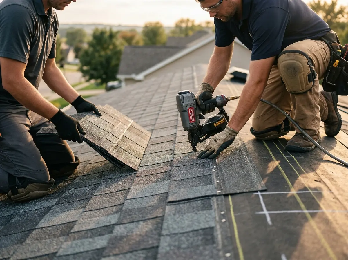 Professional roofer working on a residential roof in Birdsboro
